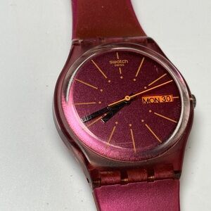 Swatch metallic pink watch orange accents, new battery